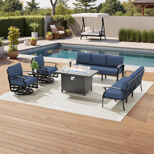 Aluminum Patio Furniture Set with Fire Pit Table, 8 Seats Outdoor Patio Conversation Sets with Swivel Chair Modern Metal Sectional Sofa with Upgrade Cushions for Patio, Backyard - Blue