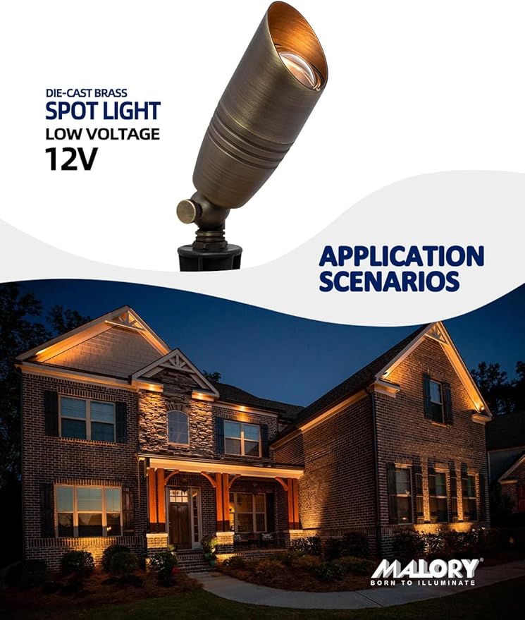 MALORY Brass Landscape Spotlights 12-Pack with Bulb Kit(S02), Low Voltage 12V AC/DC LED Outdoor Spot Uplights for House and Tree,PVC Ground Stake and Wire Connector Included, 5W 2700K Warm White