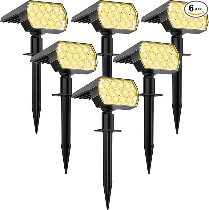 Solar Spotlight Outdoor, IP68 Waterproof, 65 LED, Warm White, 6 Pack | Dusk to Dawn Auto On/Off, 3 Lighting Modes, Adjustable Solar Panel, Luces Solares Para Exteriores for Yard Garden Landscape