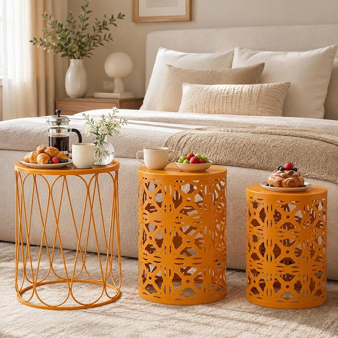 HFHOME Set of 3 Metal Outdoor Side Table, Nesting Round Coffee Table for Indoor Outdoor, Heavy Duty End Tables Plant Stand Living Room Garden Stool - Orange