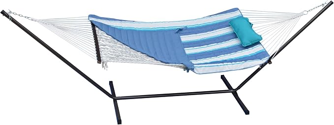 12 Foot Steel Hammock Frame with Cotton Rope Hammock, Quilted Hammock Pad, and Pillow