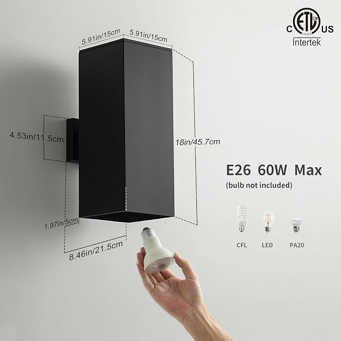 mirrea 18" Modern Outdoor Porch Light in 2 Lights, Matte Black, 2 Pack | Patio wall sconce, aluminum rectangular tube, tempered glass, waterproof. Up & down lighting for outdoor wall mount fixture.