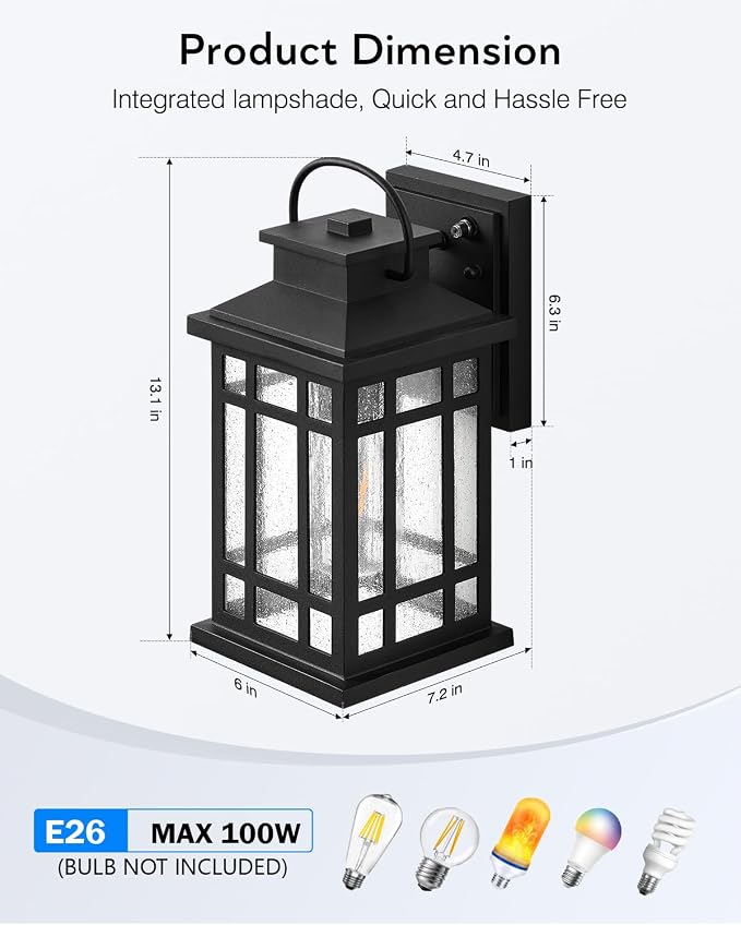 Porch Lights Outdoor, 2 Packs Dawn to Dusk Outside Light Fixture, Aluminum Patio Light Fixture with Seeded Glass, Outdoor Sconce Lights for Garden, Exterior Wall Lantern Wall Mount for Garage