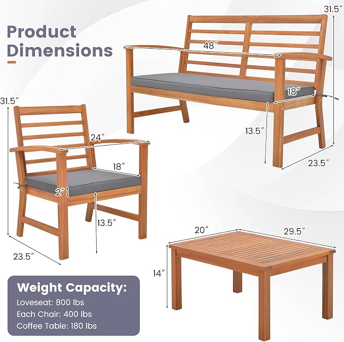 Tangkula 4 Pieces Outdoor Furniture Set, Acacia Wood Conversation Set w/Soft Seat Cushions, Stable Acacia Wood Frame, Patio Sofa & Coffee Table Set for Backyard, Porch, Poolside (Grey)