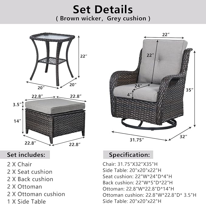 Belord 5 Piece Wicker Patio Furniture Set, Outdoor Swivel Rocker Chairs Set of 2 with Ottomans and Side Table, All Weather Patio Conversation Furniture Set, for Porch Pool, Brown Wicker/Gray