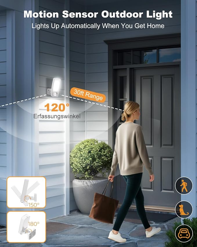 Battery Motion Sensor Light Outdoor, 10000mAh Rechargeable Wall Light with Remote, 3 Modes Wireless Security Light, 3CCT Dimmable, IP65 Waterproof for Garage Side Door Porch Shed (White)