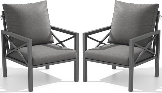 2-Piece All-Weather Metal Patio Furniture Set, Outdoor Bistro Armchairs with Cushions, Heavy Duty Steel Frame & Washable Cushions for Backyard Garden (Grey)