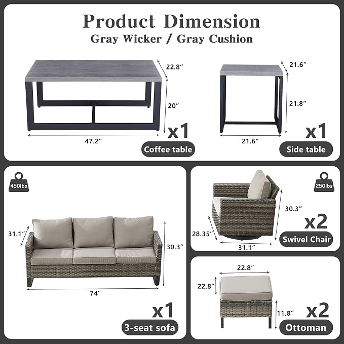 Belord 7 Piece Outdoor Furniture Patio Wicker Sofa Set, Oversize Outdoor Swivel Rocker Chairs with Rattan Ottomans, Conversation Sets Patio Furniture Come with Removable Washable Cushion Grey