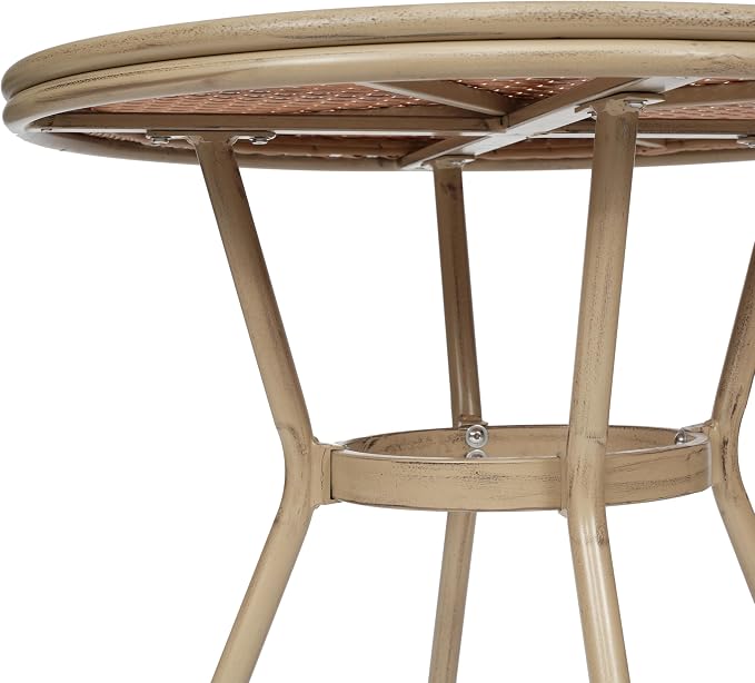 Flash Furniture Lourdes Indoor/Outdoor Commercial Bistro Table - Tempered Glass Top - PE Rattan - Lt NAT Bamboo Print Aluminum Frame - 31.5" - NAT/White