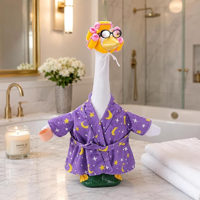 DECOHS 4 Pcs Bathrobe Porch Goose Outfit, Lawn Goose Statue Costume with Star and Moon Print, Yard Goose Bathrobe Curlers Glasses Cup Outfit for 23" Statue Patio Garden Decoration (Purple)