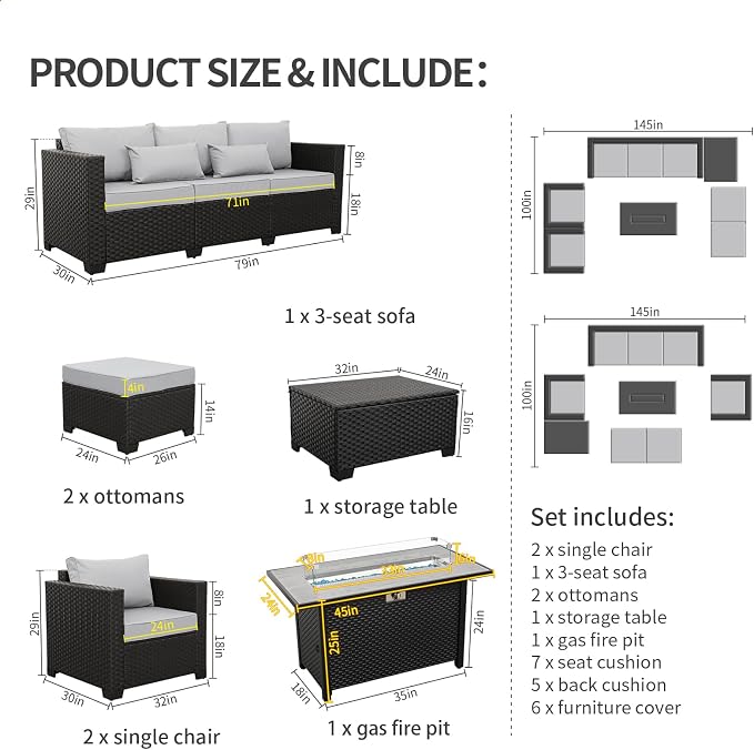 Patio Furniture Set 45 In Outdoor Fire Pits 7 Pieces Outdoor Patio Furniture 60000 BTU Outdoor Propane Fire Pit Table Patio Sofa Outdoor Chairs Anti-slip Cushions Waterproof Covers, Light Grey