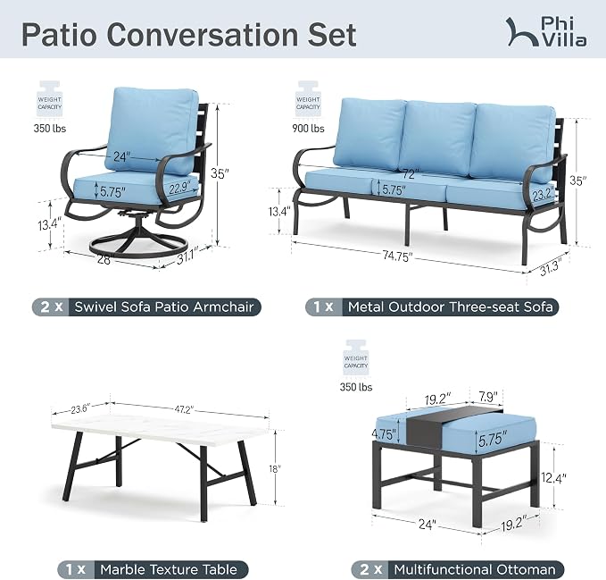 PHI VILLA 6 Piece Patio Furniture Sets with 1 x 3-Seat Deep Seating Bench, 2 x Cushioned Swivel Sofa Chairs, 1 x Coffee Table & 2 Ottoman, Outdoor Metal Conversation Set for Lawn Garden, Light Blue