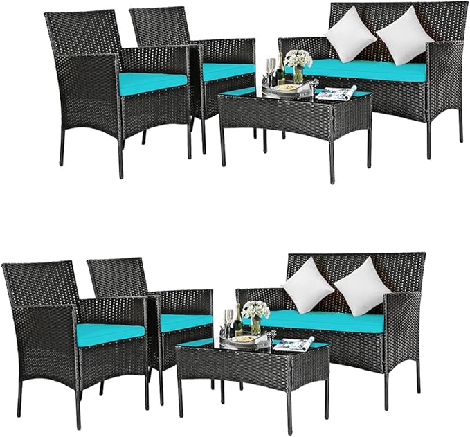 DORTALA Wicker Patio Furniture Set 8 Piece, Rattan Outdoor Table and Chairs Set with Loveseat, Cushions, All Weather Balcony Conversation Sofa Set for Porch, Backyard, Deck, Turquoise
