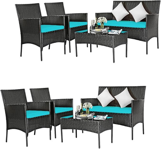 DORTALA Wicker Patio Furniture Set 8 Piece, Rattan Outdoor Table and Chairs Set with Loveseat, Cushions, All Weather Balcony Conversation Sofa Set for Porch, Backyard, Deck, Turquoise