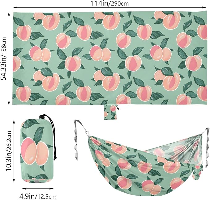 Camping Hammock Outdoor Hammocks for Outside Peaches Leaves Green Beach Trees Portable Lightweight with Pockets Tree Straps Indoor Small