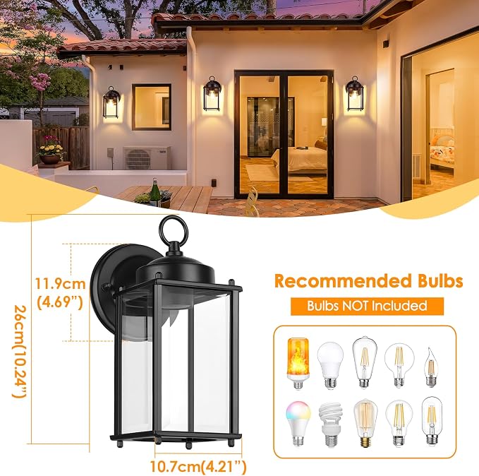 MATAMEYE Outdoor Wall Lantern, Exterior Waterproof Wall Sconce Light Fixtures, Black Front Door Lighting, Anti-Rust E26 Socket Porch Lamp, 2 Pack