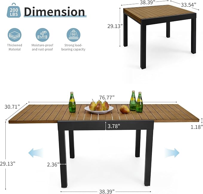Expandable Patio Dining Table for 4-8 Person, Aluminum Extendable Outdoor Table, 38"-77" Adjustable Patio Table, Square/Rectangular Outdoor Accent Table for Garden, Backyard, Poolside, Teak