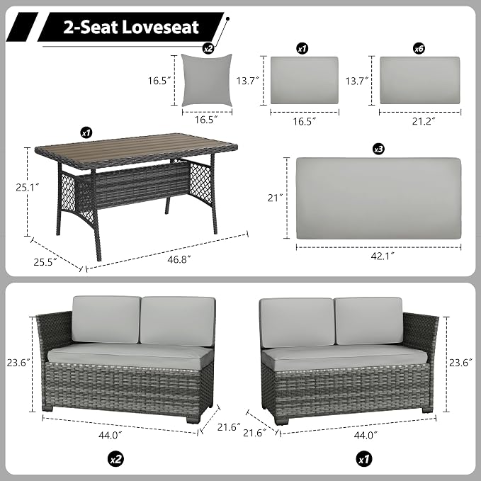 KIGOTY 7 Piece Patio Furniture Set, Outdoor PE Wicker Rattan Outdoor Dining Set, Patio Table and Chairs Set, Patio Conversation Sofa Set with Dining Table and Ottoman(Grey-Light Grey)