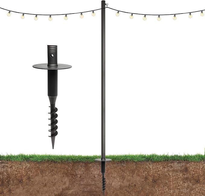 Excello 10-Foot Outdoor String Light Pole, Grass/Dirt Yard Mount, 1-Pack