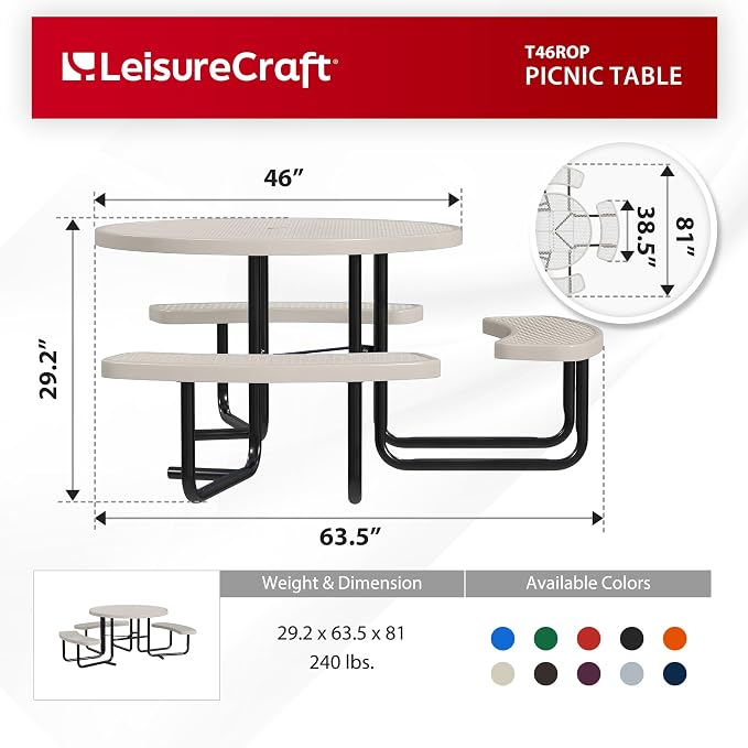 Leisure Craft Metal Picnic Table with Bench - 46" Round Outdoor Dining Table with Umbrella Hole, Heavy Duty Thermoplastic Coating, ADA Compliant, Commercial Grade Furniture Made in USA - Beige