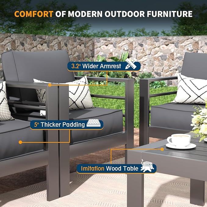 UDPATIO Aluminum Outdoor Furniture Set, 3.2'' Wide Armrest, 240g Premium Olefin Fabric All-Weather & UV-Resistant Patio Furniture Set for Deck, Backyard, Poolside, Dark Gray