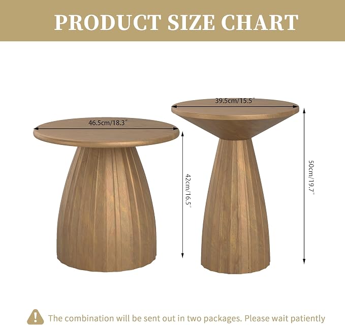 Metal Small Patio Table Set of 2, Round Outdoor Side Table, Wood Color Outdoor Accent Patio End Table, for Garden, Pool, Deck, Balcony, Yard, Living Room, Weather Resistant, No Assembly