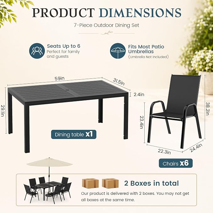7-Piece Outdoor Dining Set, All Weather Patio Table and Chairs Set with Umbrella Hole for 6, Steel Slat Table and 6 Textilene Chairs for Backyard, Poolside and Deck, Black(No Umbrella)
