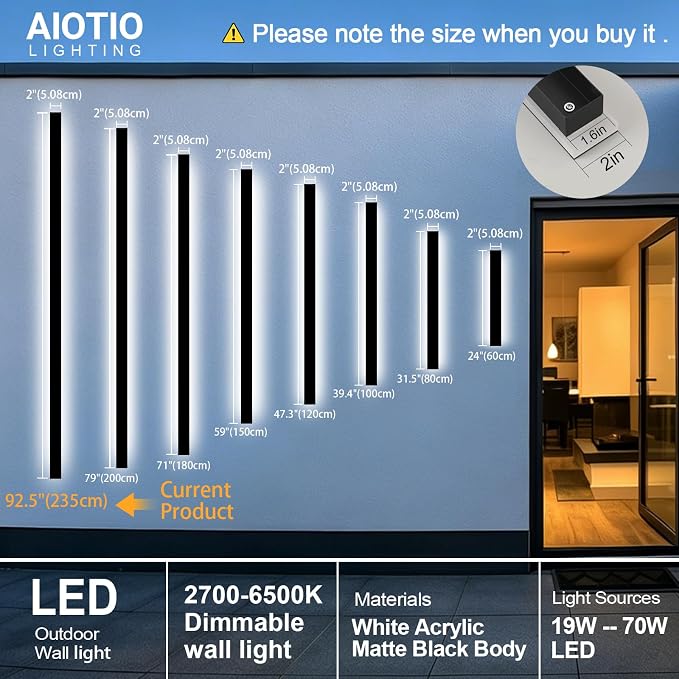 AioTio Modern Outdoor Lights Fixture,92.5inch Exterior Porch Lights Fixture Wall Mount,Dimmable Rectangular Black Linear Long LED Outdoor Entrance Wall Sconce Lighting for Garage,Front Door
