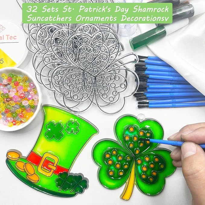 AUEKIV St. Patrick's Day Shamrock Suncatchers Ornaments DIY Window Paint Art Craft Kit 32pcs Irish Lucky Shamrock Four-Leaf Clover Rainbow Sun Catchers Decorations for Party Favors Activities Gift