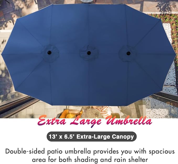 PHI VILLA Outdoor Table Chairs Set w/Umbrella, Patio Metal Furniture for 6 | 60" wrought iron rectangle table & stackable chairs w/ cushions. 13ft blue umbrella. 7 pcs furniture set for deck, porch