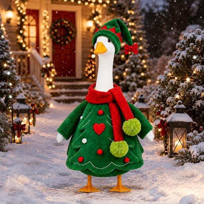 STONESTAR Christmas Porch Goose Outfits for 23" Goose Statue, Xmas Tree Goose Plush Clothes with Elf Hat & Pom Pom Scarf, Festive Outdoor Yard Garden Christmas Santa Holiday Decor