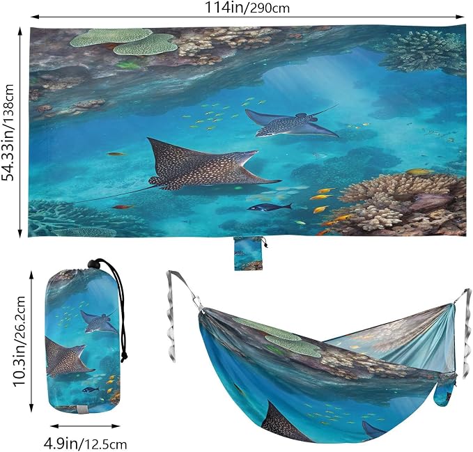 Sea Stingray Camping Hammock, Portable Lightweight Single Hammock with Tree Straps and Aluminum Carabiners, 114" x 54" Travel Hammock for Hiking Backpacking Beach