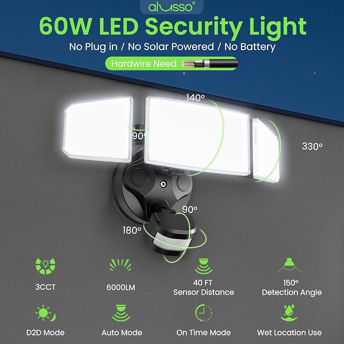 ALUSSO Motion Sensor Outdoor Lights Hardwired(Not Solar),Flood Lights Outdoor 120V, Dusk to Dawn/Auto/On Time, 3CCT 3000K/4000K/6500K Security Light,ETL,3 Modes Metal Black 60W 6000LM