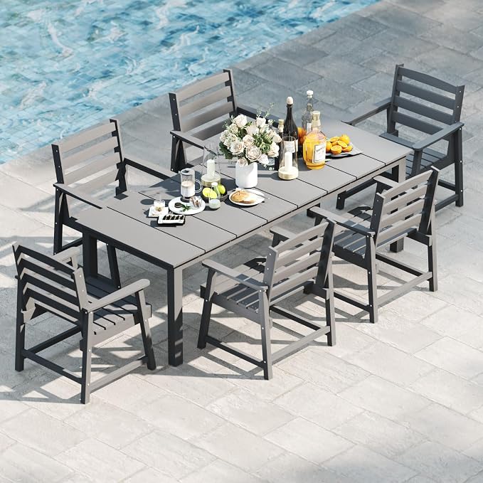 7-Piece Outdoor Dining Set with 75.2" Table for 6,Gray | HDPE material, umbrella hole design, weather-resistant furniture, perfect for garden, lawn, poolside, yard, balcony, deck