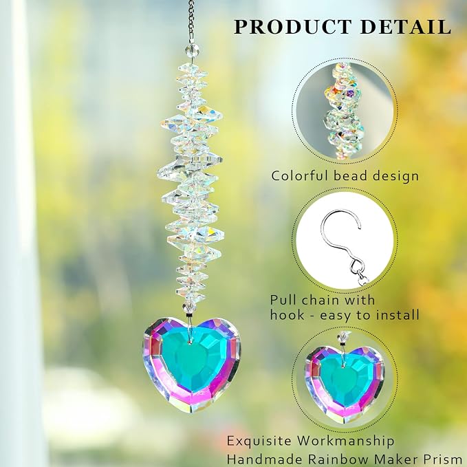 Heart Shaped Crystal Bead Suncatcher Prism Window Garden Hanging Ornament | Crystal Heart Suncatcher with Colorful Beads Prism for Window Garden Indoor Outdoor Home Showpiece Decor