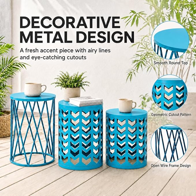 Y&M Set of 3 Nesting Metal Round Coffee Table, Side Table End Table for Indoor Outdoor Multifunctional Use,Heavy Duty Metal Plant Stand Decorative Garden Stool- Blue(Ship from US) | Outdoor side tables nesting design heavy duty metal waterproof patio b...