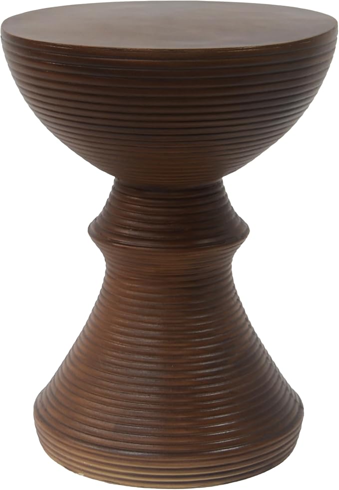 16" Ribbed Brown Concrete Outdoor Side Table with Hourglass Design – Weather-Resistant Accent for Patio, Garden, or Balcony