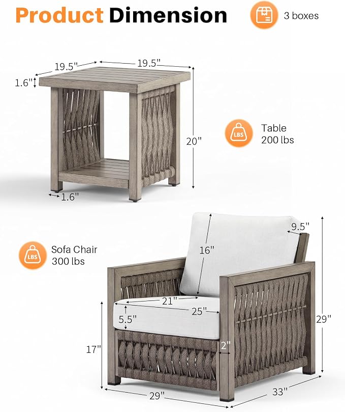 3-Piece Patio Furniture Set, Aluminum Patio Bistro Set with Washable Cushions, Rope Weave Patio Conversation Set with Side Table, Outdoor Furniture Set for Garden, Balcony, Deck, Gray Oak