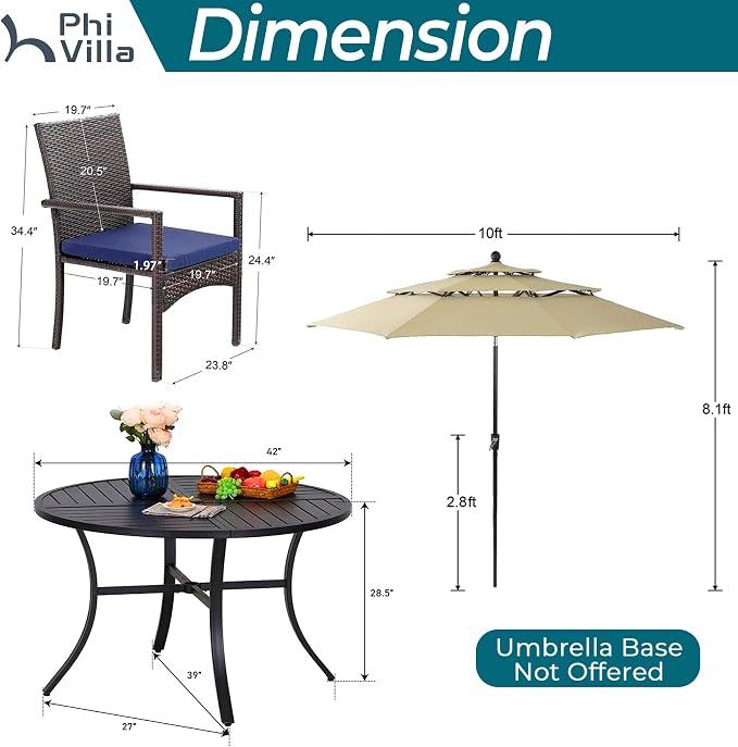 PHI VILLA 5pc Patio Dining Set with Umbrella, Round Table, Rattan Chairs | Includes 42" Round Metal Table, 4 Cushioned Rattan Chairs and 10ft Beige umbrella. Perfect for patio, deck, yard, or porch