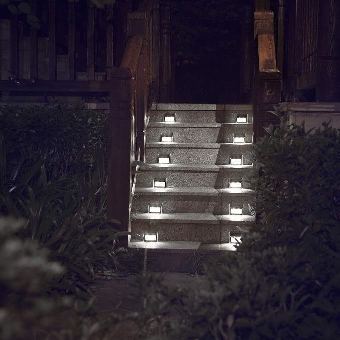 XLUX Solar Powered Lights for Deck Steps Stairs Fences Pathway Path, LED lamp, Outdoor Waterproof, White Light 2 Pack | white non-glare LED lamp, sturdy stainless steel casing, for deck, step, fence, pathway, Rainproof, Automatic ON/OFF