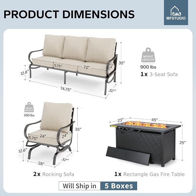 MFSTUDIO 4 Pieces Patio Conversation Sets, All Weather Metal Frame Outdoor Furniture Set Patio Sofas with 1 x 45 Rectangular Propane Fire Table, 1 x 3-Seat Sofa, 2 x Rocking Chairs, Beige Cushion