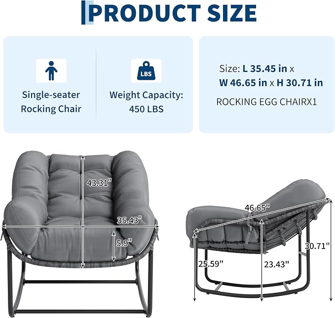 GarveeLife Outdoor Lounge Rocking Chair, Iron Frame Patio Rocker Chair with Cushion, Gray Relaxing Outdoor Chair for Patio and Backyard