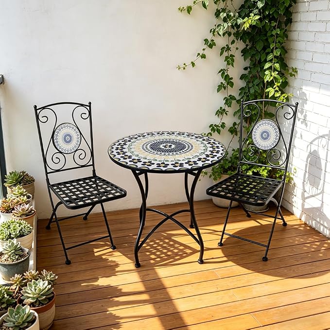 3 Piece Bistro Sets Mosaic Tile Round Table Folding Chairs Garden | Set of 3 Patio Furniture 23.6" Table and 2 Chairs Outdoor Bistro Chairs Artistic Table for Balcony Porch Apartment Backyard