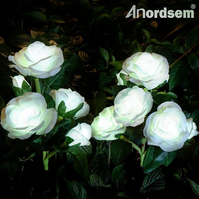 Anordsem Solar Garden Lights Outdoor: Waterproof Fabric Roses - Red LED Flower Decorations for Yard Patio Path Cemetery Grave - Birthday Gifts for Women Mom Wife - 6 Pack White