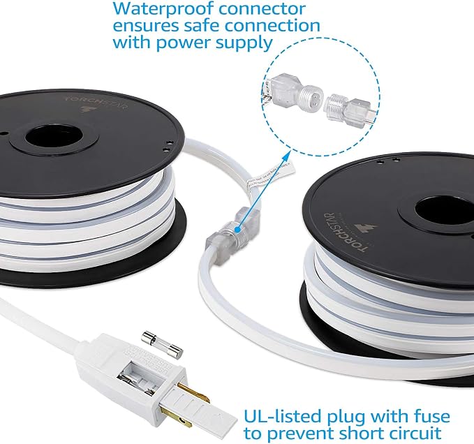 TORCHSTAR 50ft LED Neon Rope Light, Warm White LED Strip Lights | Outdoor IP67 Waterproof, 120V UL Plug, ETL Connectable, Neon Light Strip for Shop Sign, Patio Decor, Max 2 Sets (100FT)