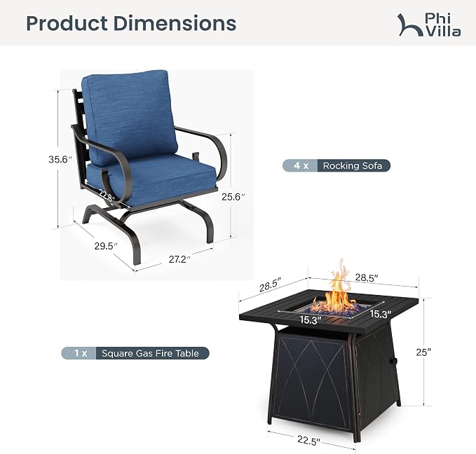 PHI VILLA Patio Furniture Set, 4 Rocking Chairs and a 28" Square Fire Pit Table, Outdoor Metal Conversation Set with 5.75" Extra Thick Cushion for Garden Backyard Deck, Navy