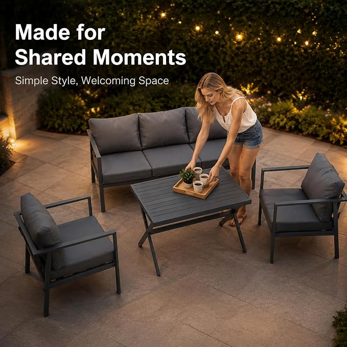 Aluminum Patio Sectional Furniture Set,4 Piece Patio Conversation Sets Outdoor Patio Furniture Set Sofa with Coffee Table & Washable Cushions Grey