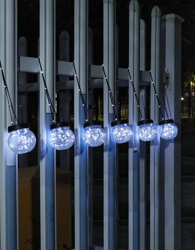 Solar Lights Outdoor Waterproof 12-Pack, Solar Powered Hanging Lantern Cracked Glass Hanging Globes for Yard Decor Christmas Decoration, Shepherd Hook, Garden Tree Ornaments, Cold White