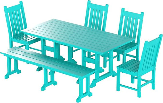 WO Home Furniture Adirondack Patio Dining Chair Table Bench Set of 6 PCS Rectangle Dinner Table Dining Armless Chairs (Turquoise)