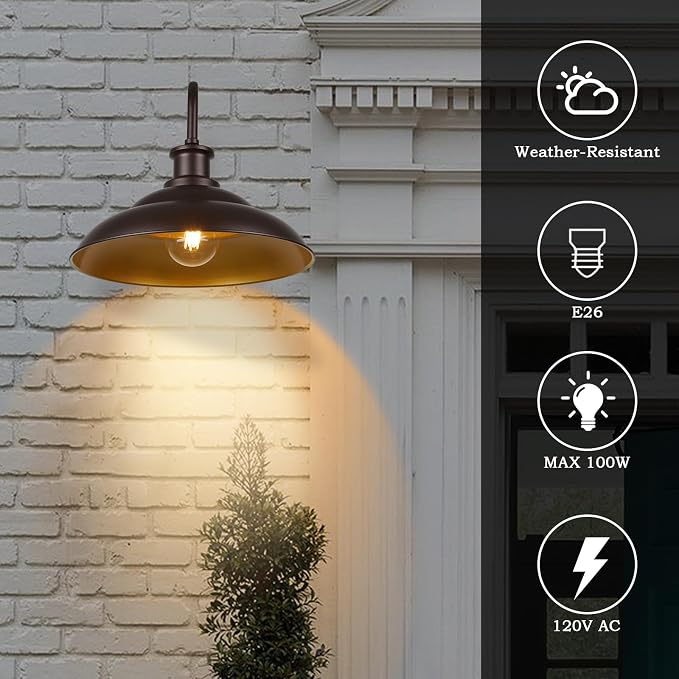 Dusk to Dawn Outdoor Barn Light Fixture, 16 Inch Dome Large Wall Sconce Farmhouse Exterior Wall Mount Light for House Garage Patio Doorway, 2 Pack